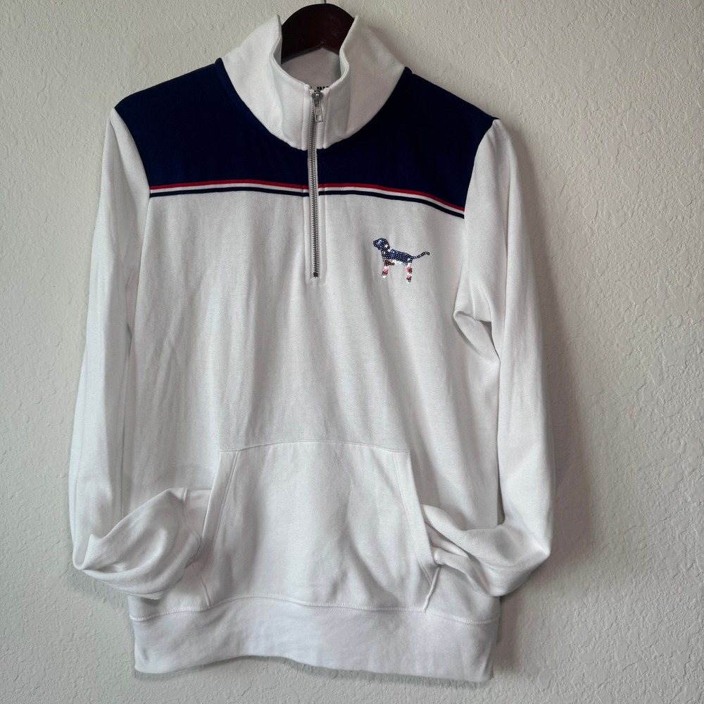 Victoria's Secret PINK Size S Quarter Zip Pullover Sequin Patriotic White Navy